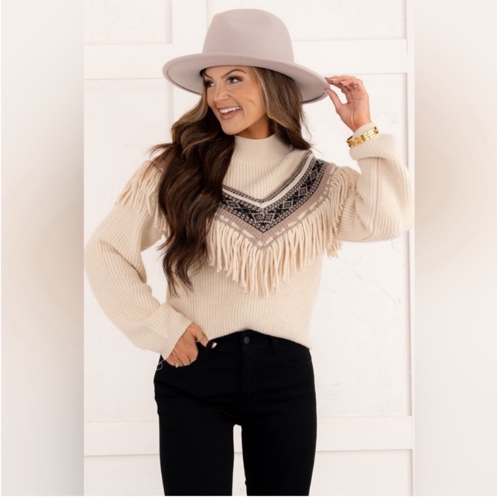 Z Supply Cream Fringe Fair Isle Pullover Sweater